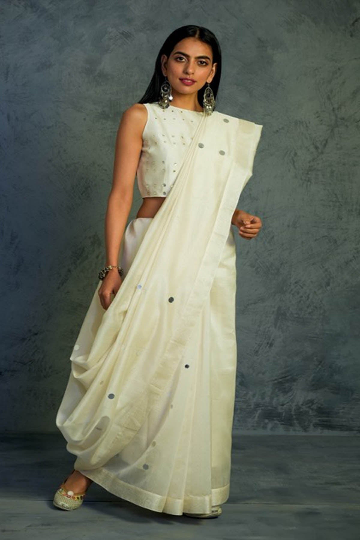 Buy Off-White Mirror Chanderi Saree Online